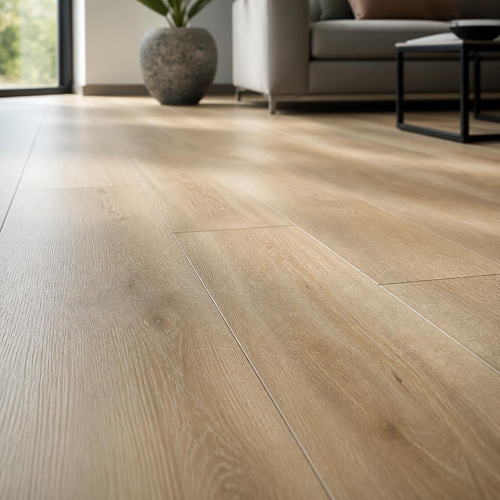 Light oak laminate flooring installed in a bright living room