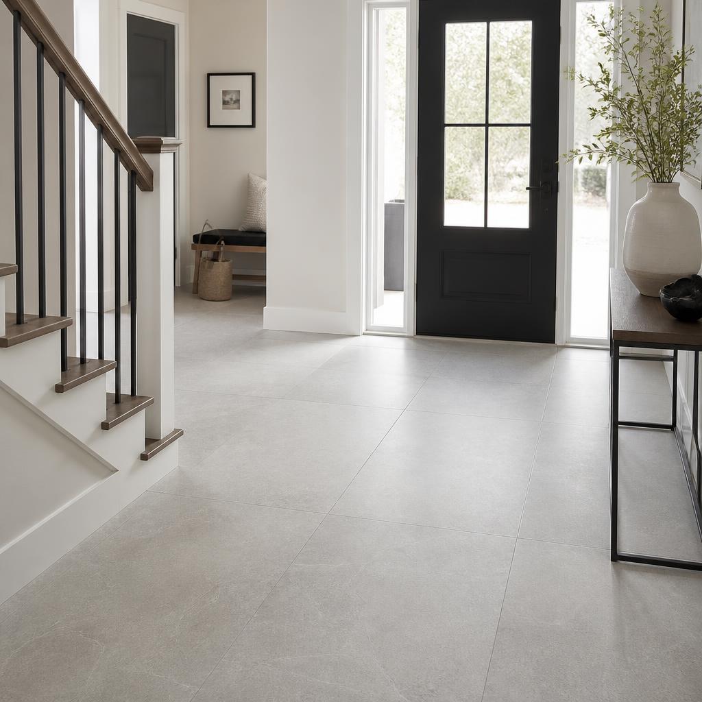 Large-format grey porcelain tile flooring in a home entryway
