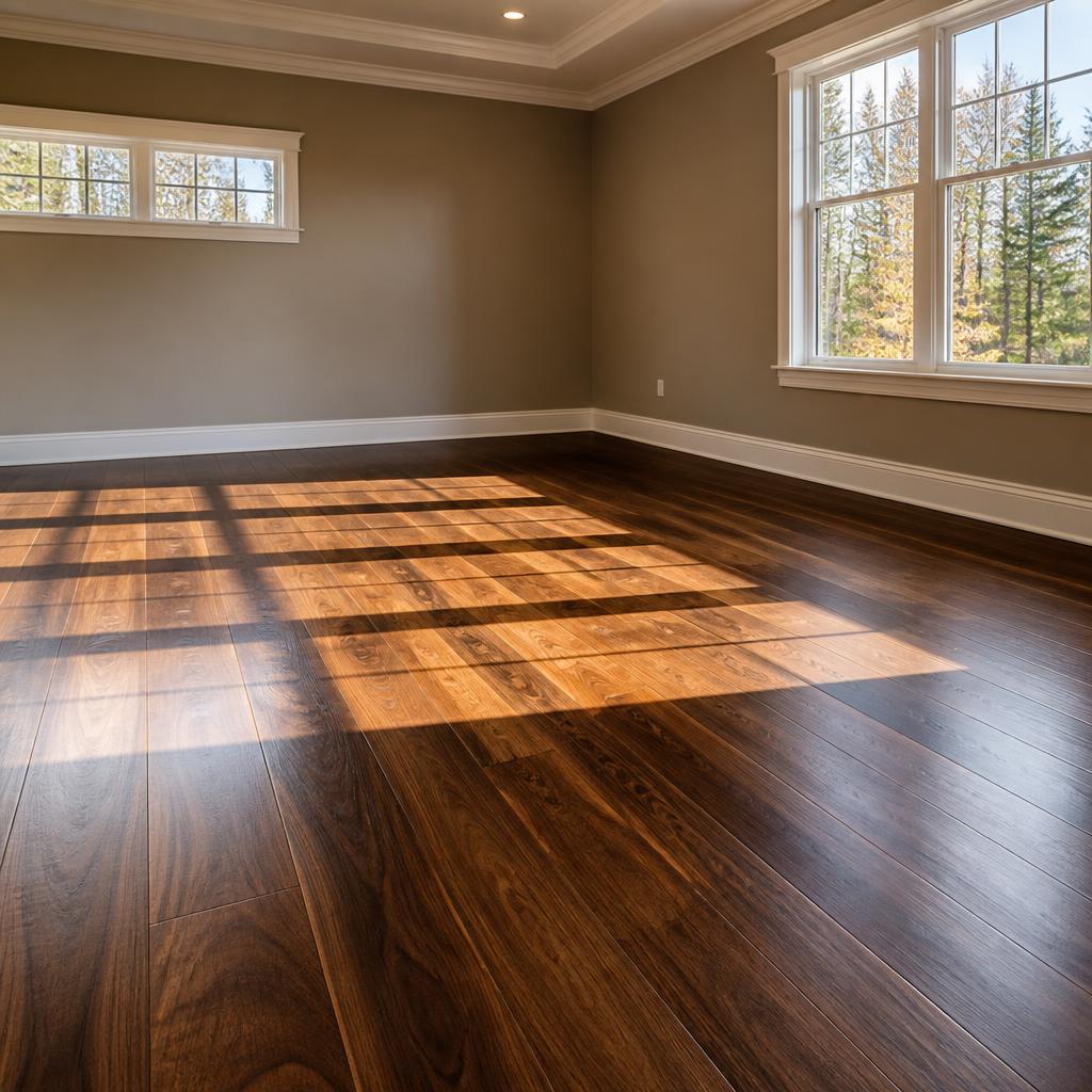 Freshly finished dark hardwood flooring in a sunlit room